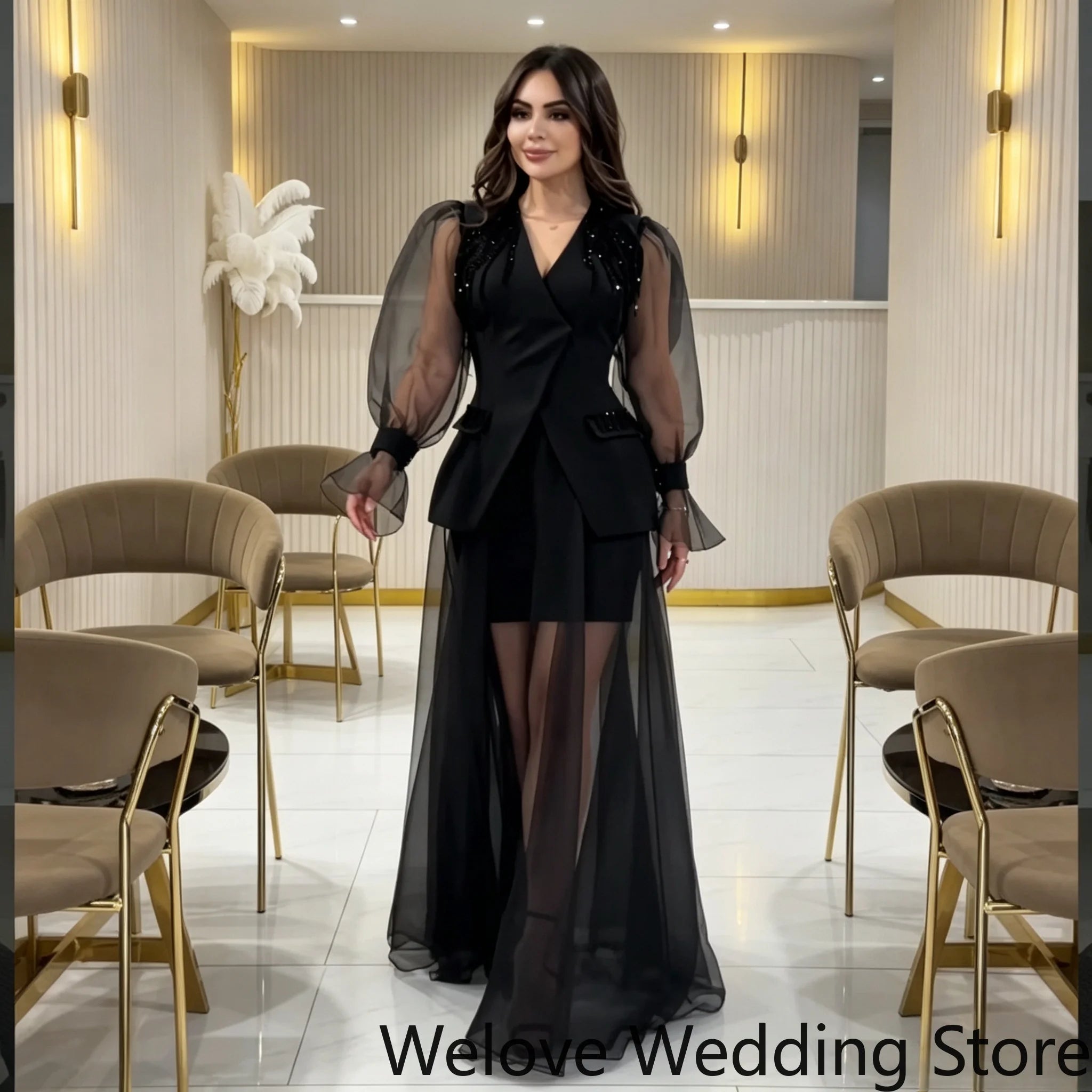 Black Evening Dress For Women V‑Neck Tulle Puff Long Sleeve Shoulder Beaded Embellishment Short Inner Dress Flowy Long Sheer