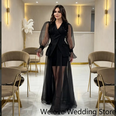 Black Evening Dress For Women V‑Neck Tulle Puff Long Sleeve Shoulder Beaded Embellishment Short Inner Dress Flowy Long Sheer