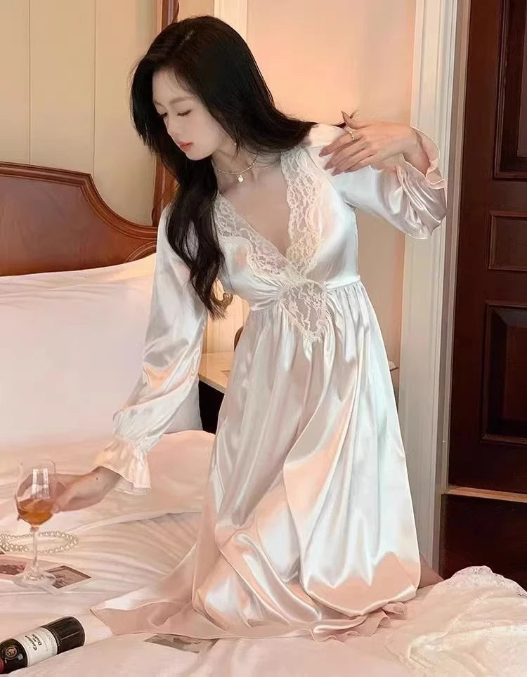 Female Long Nightdress Retro French Court Style Princess Nightgown Sleepwear Spring Summer Loose Rayon Home Clothes Lounge Wear