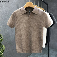 2026 Men's Summer Polo Shirt Korean Style Slim Wrinkle Resistant Collar Solid Color T-Shirts Casual Thin Sleeve Trendy Knit Tops