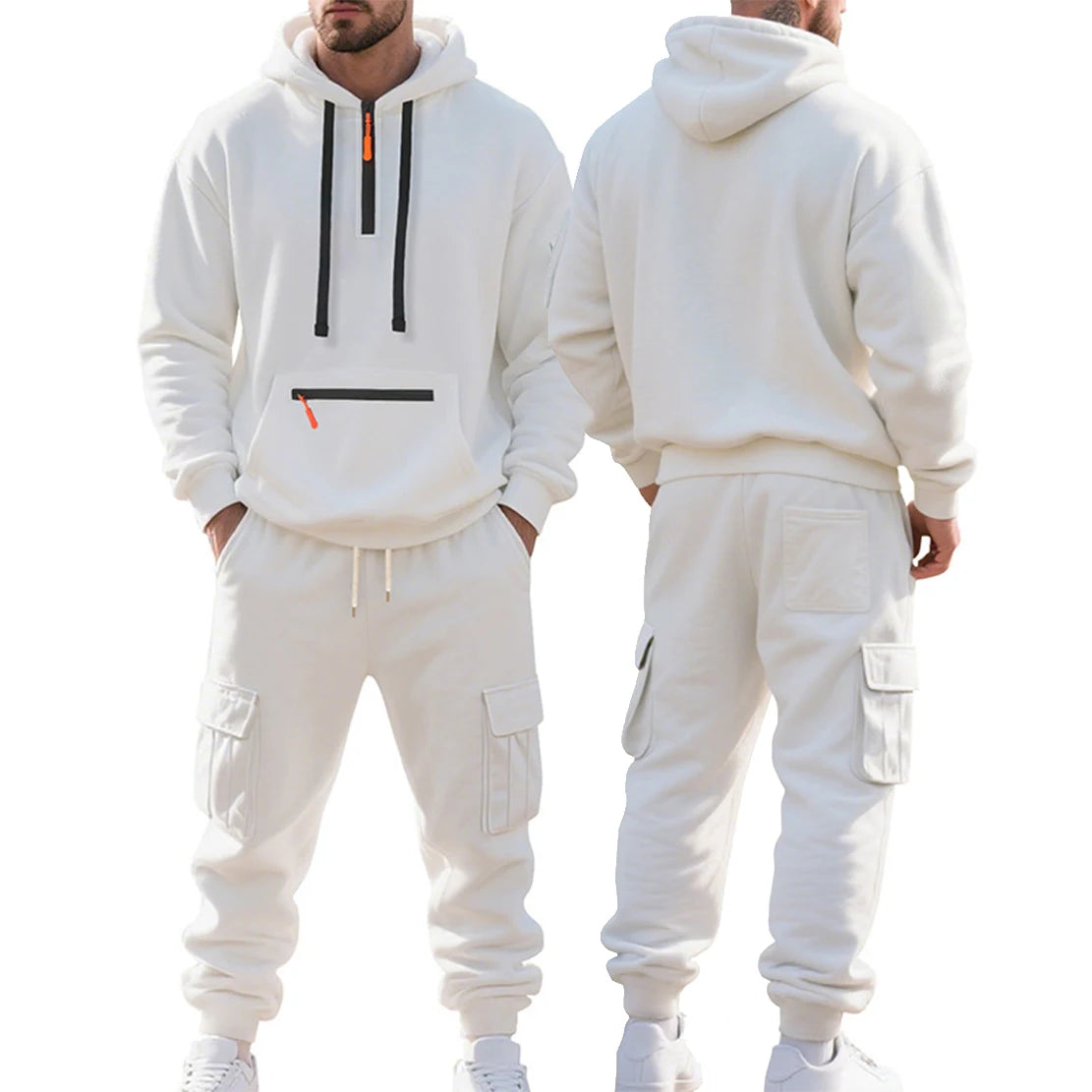 Men's Heavyweight Fleece-Lined Casual Tracksuit Set for Winter - Loose-Fit, Half-Zip, 2-Piece Workwear Style