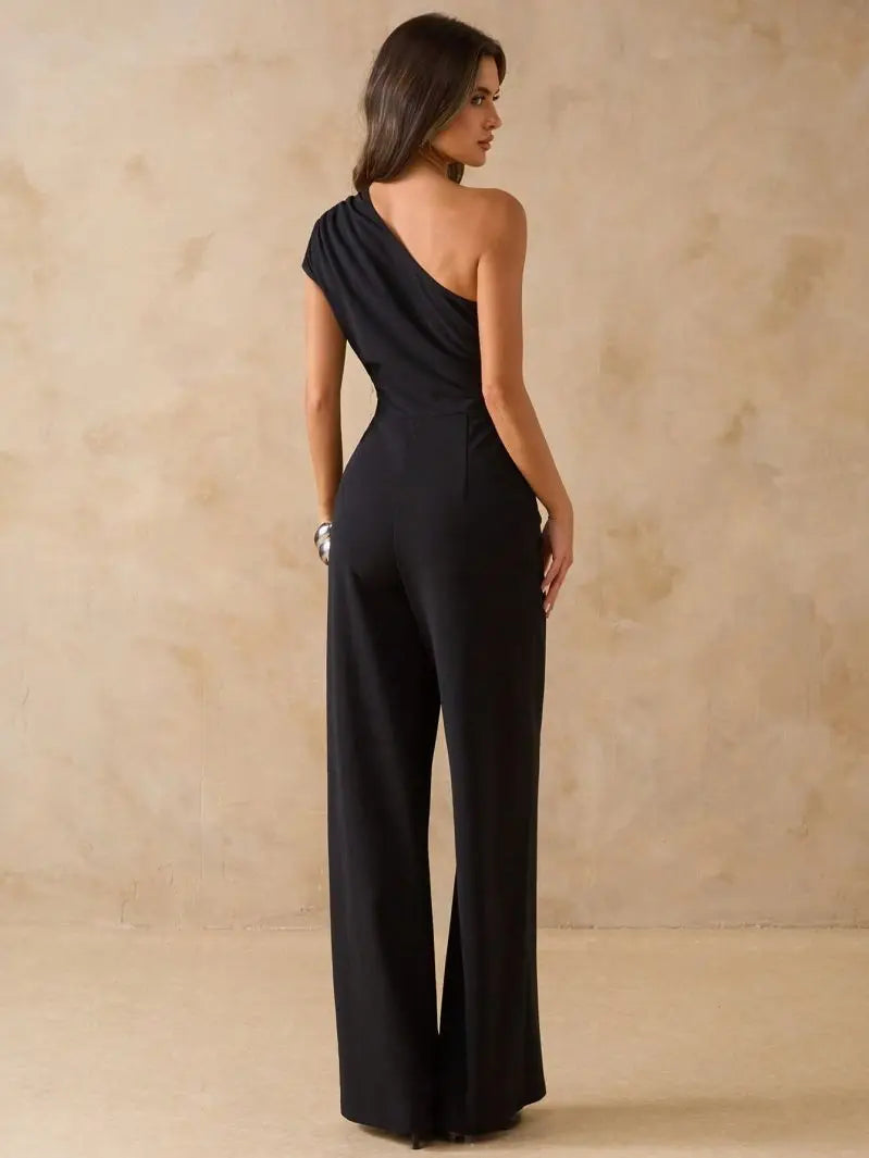 Slim Fit Stylish Jumpsuit Slanted Shoulder Single Sleeve Waist Cinched Wide Leg Fashionable Casual Women's Clothing