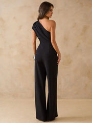 Slim Fit Stylish Jumpsuit Slanted Shoulder Single Sleeve Waist Cinched Wide Leg Fashionable Casual Women's Clothing