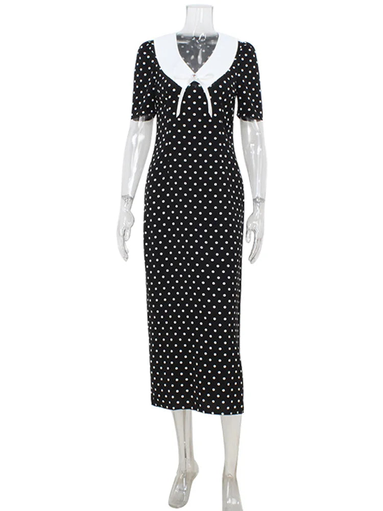 Dot Printed Dresses For Women Fashion Sexy Streetwear Short Sleeves Sheath Turn Down Collar V-Neck Long Vestidos Robes Female