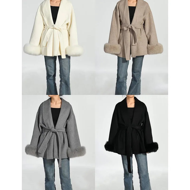 Fox Fur Woolen Coats Women's Short Coat Office Lady Removable Elegant Double-sided Wool Overcoat 2025 New Cardigan Jacket