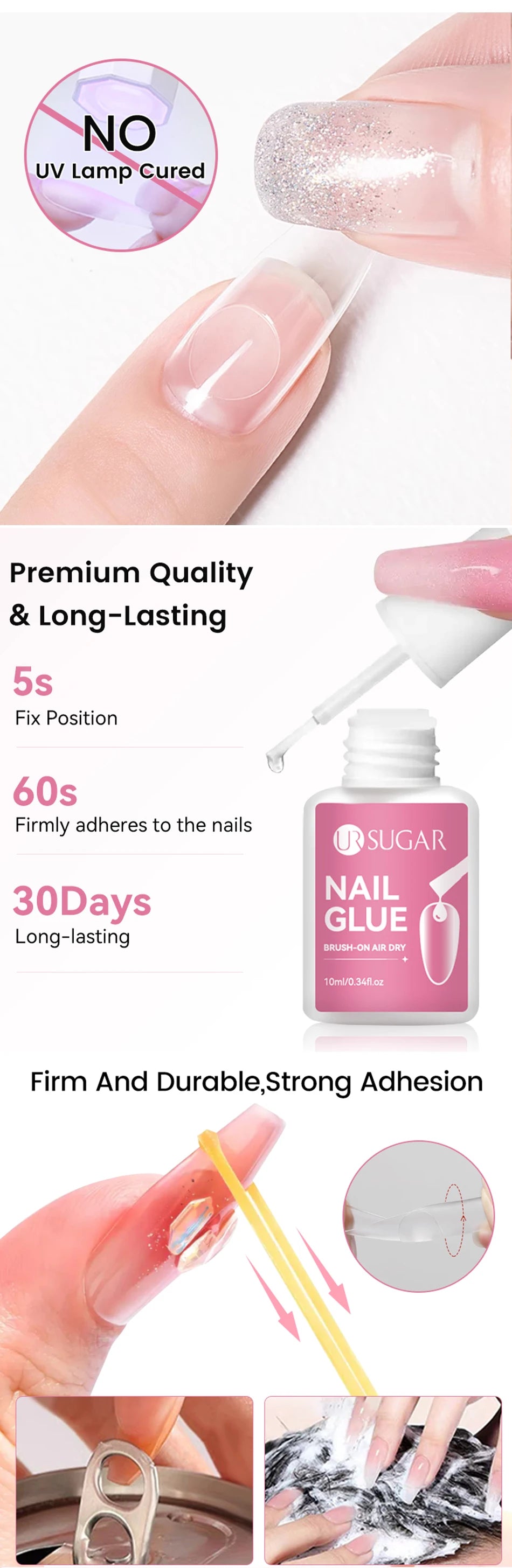 UR SUGAR 10ML Nail Glue No Need Lamp False Nail Tips Gel Cured Clear Color Nails Tools Super Strong Acrylic Tips Rhinestone Bond