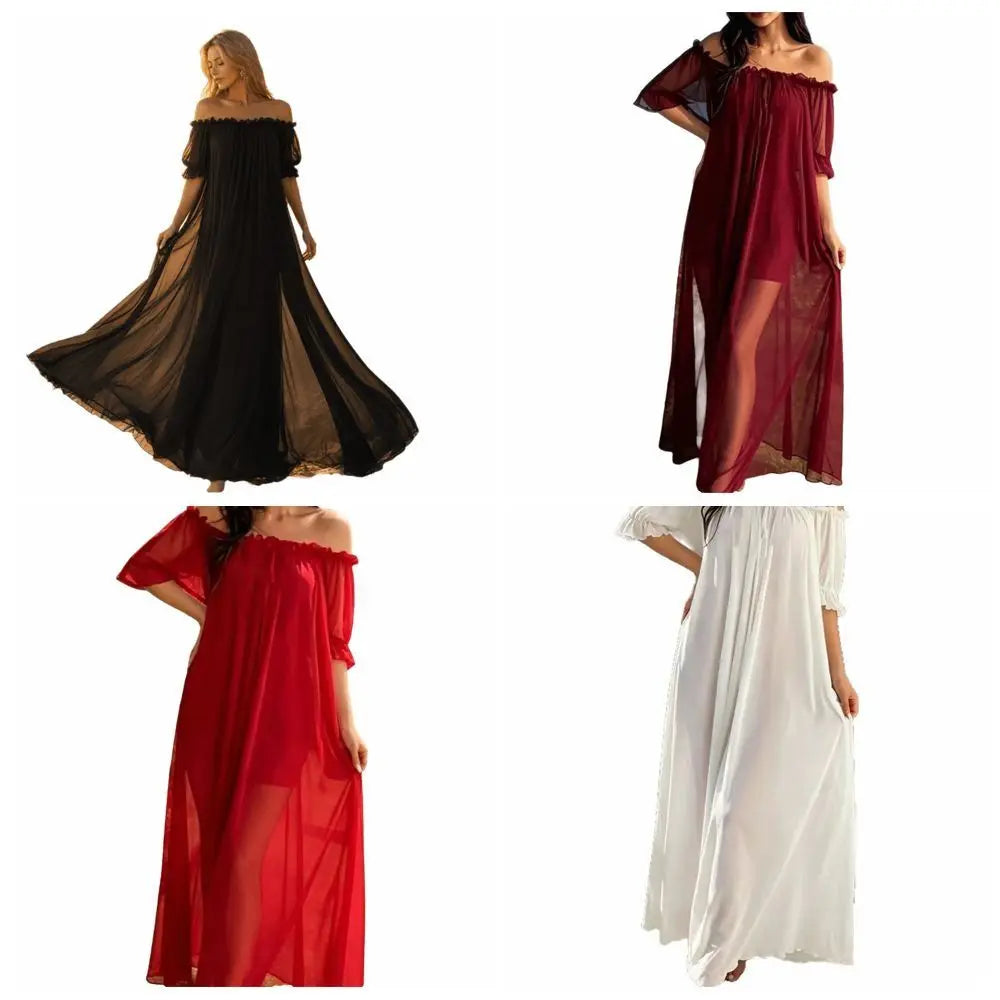 Home Dress Off Shoulder Sheer Nightgown V-neck Ruffle Mesh Nightdress Transparent Short Sleeve Long Sleeping Dress Sleep