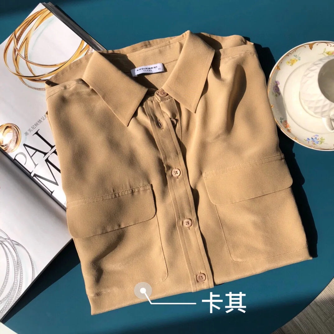 Women Real Silk Shirts Classic Double Pockets Solid Color Casual Fashion Long Sleeve Thin Shirt Blouses Tees
