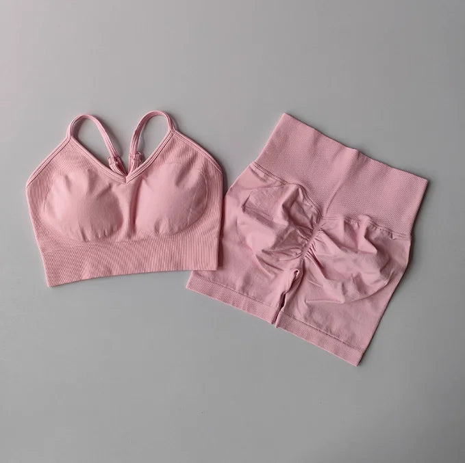 Women's Yoga Set Strappy Sports Bra & High Waisted Shorts | Quick Dry Padded Butt Lifting Workout Outfit for Running Traini