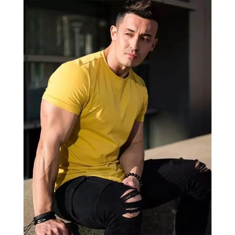 Muscle Training T-shirt Men's Summer Workout Short Sleeve T-shirt High Quality Cotton Fitness Men T-shirt Gym Solid Color Tops