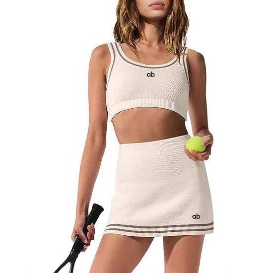 Women's Yoga Sets Waffle Knit Tennis Set Tank Top Skort With Pocket Built-in Shorts Outdoor Gym Workout Outfit