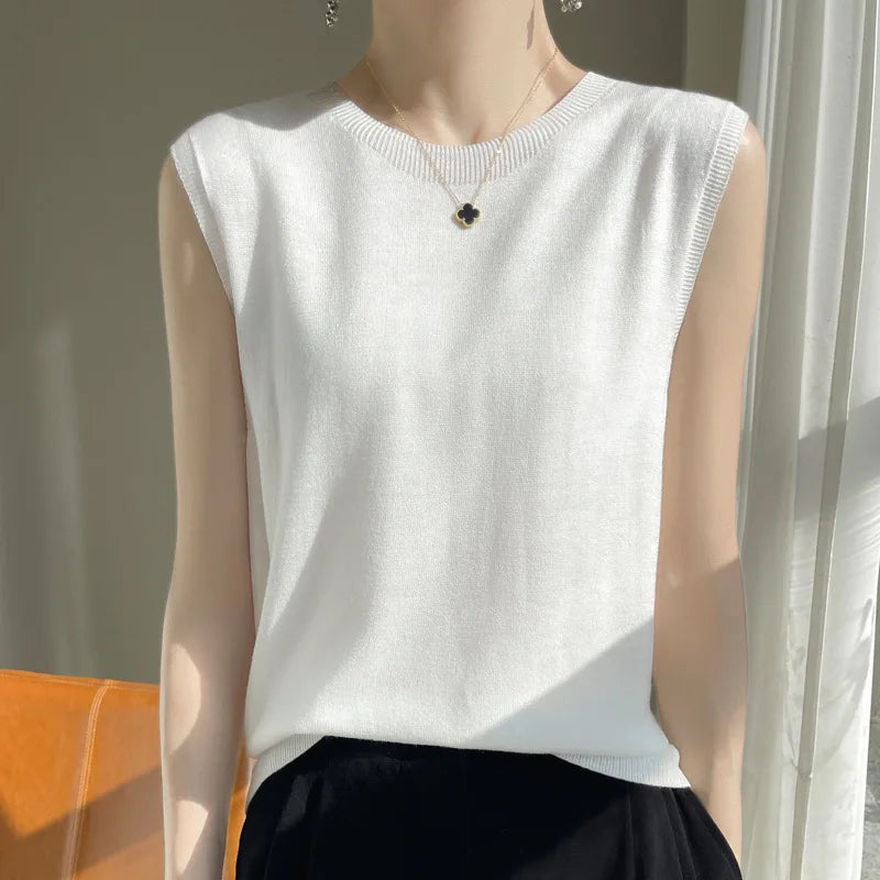 Women Tops Knitted Tank Tops O-neck Sleeveless Bottoming Shirts Spring Summer Tank Top Solid Soft Korean Fashion Lady Knit Top