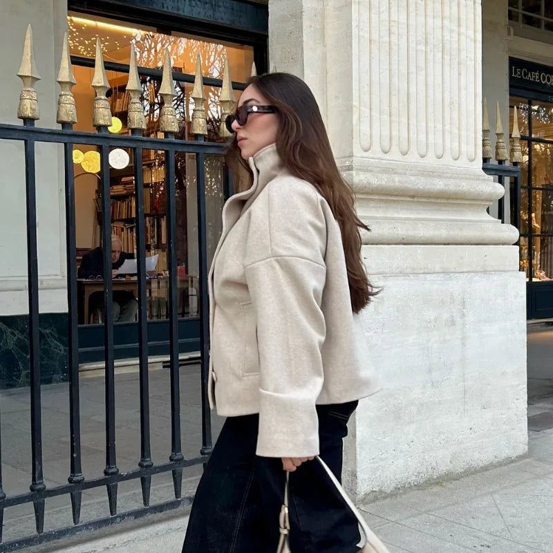 2025 Autumn Woolen Coats Women Casual Double Breasted Stand Collar Female Office Short Jackets Chic Lady Loose Street Outwear