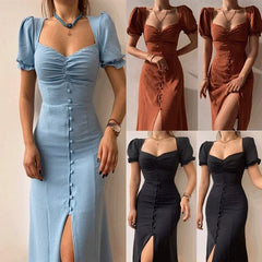Elegant Dresses Women Summer Sexy Dress 2024 New V-Neck Single Breasted Short Puff Sleeves Solid High Waist Hem Split Midi Dress