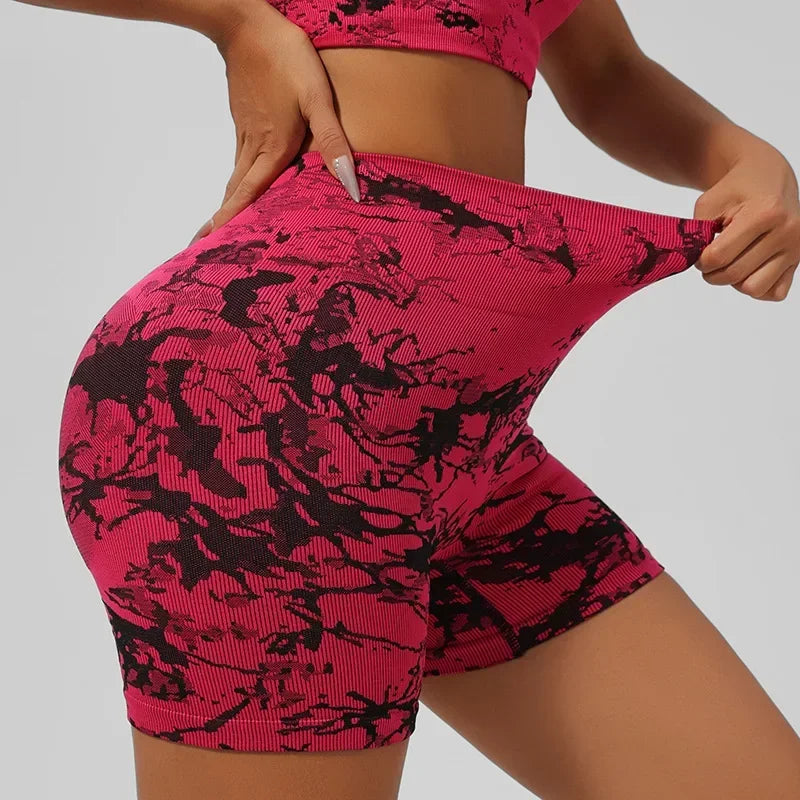 Women Seamless Tie Dye Yoga Set Quick Dry Sports Bra Shorts Lightweight Breathable Workout Outfit