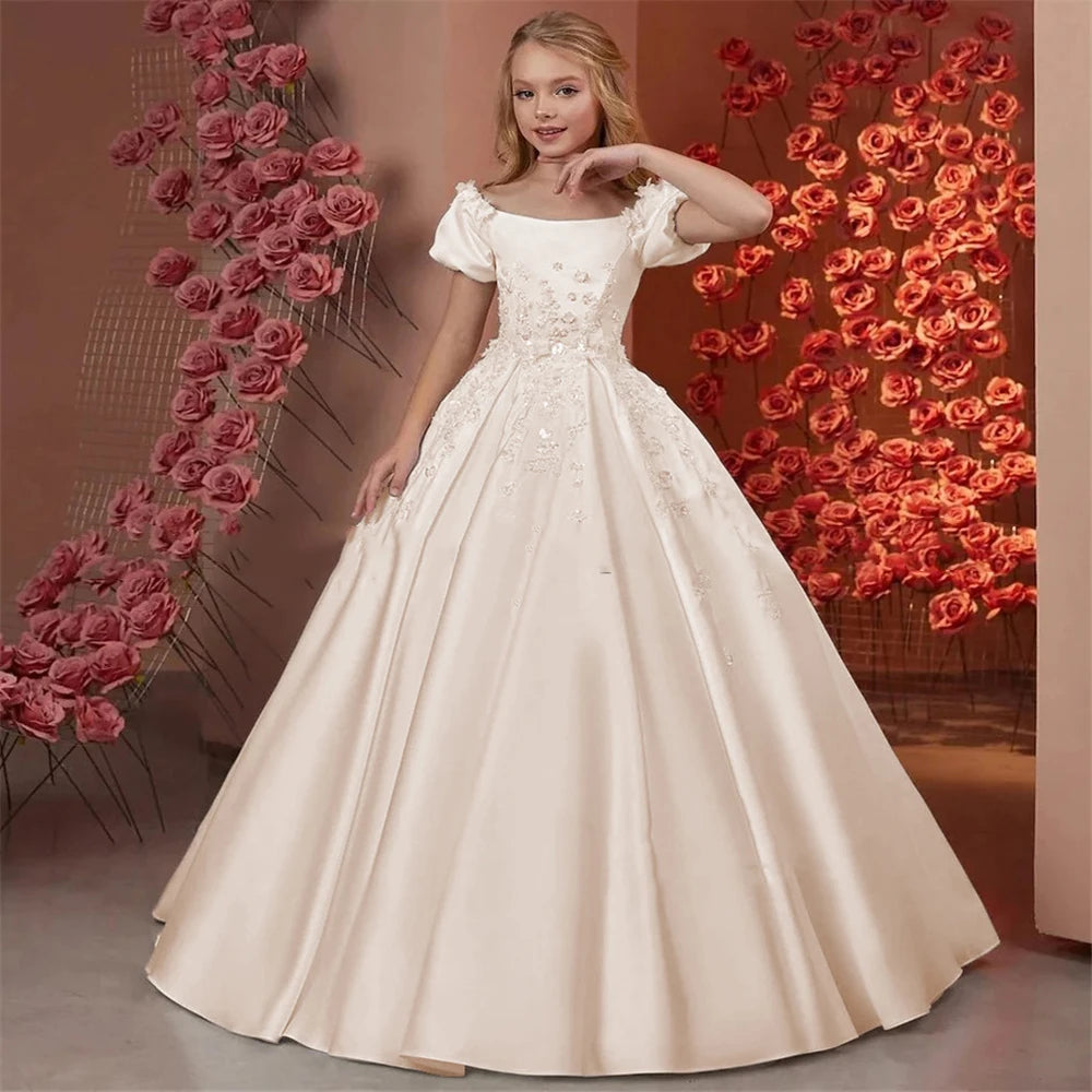 Elegant Flower Girl Dresses for Wedding Satin Beaded Floral Floor Length Girl Kids Birthday Party First Holy Communion Gown