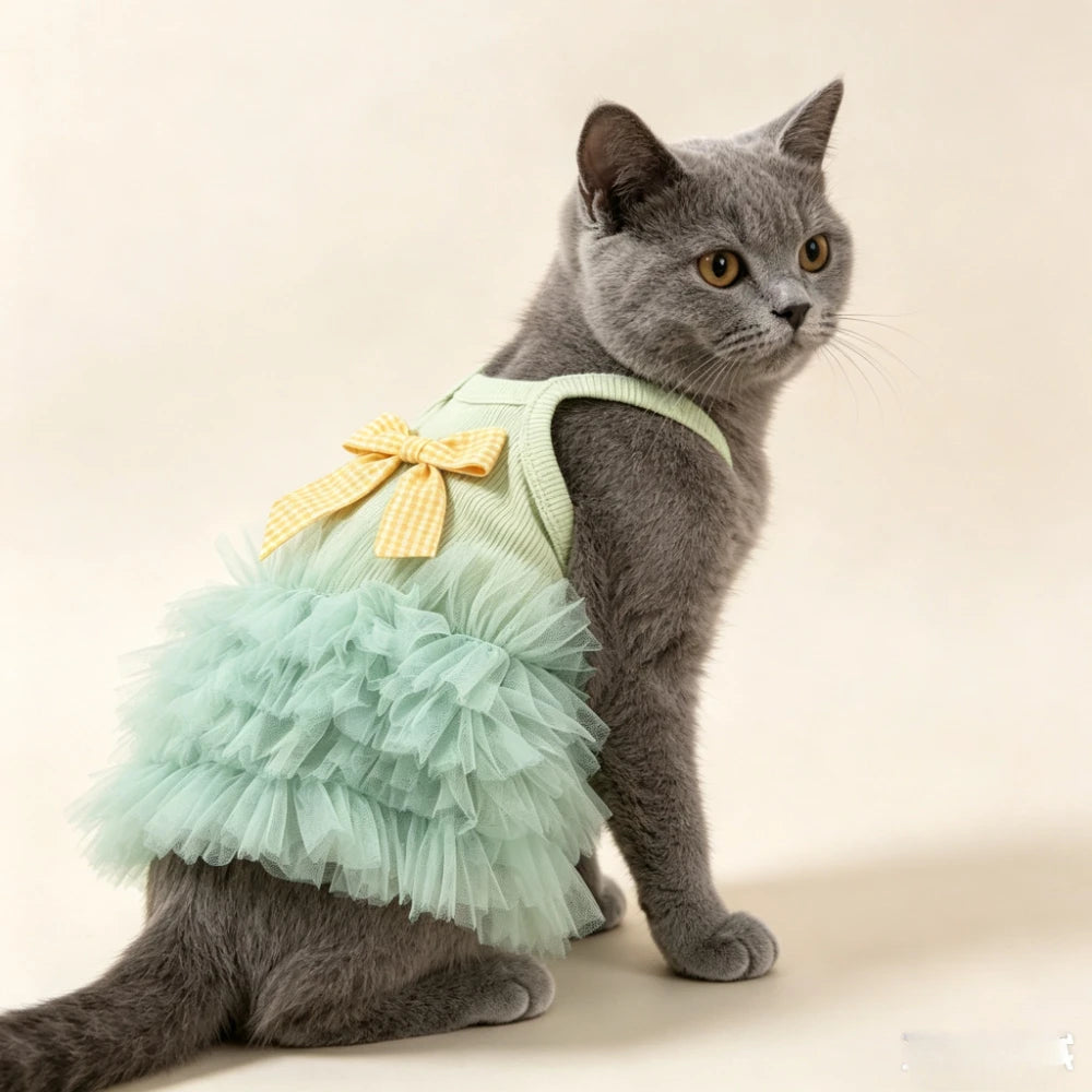 1pc Summer breathable pet dress, paired with checkered bow camisole skirt, sleeveless vest, cat and dog clothing
