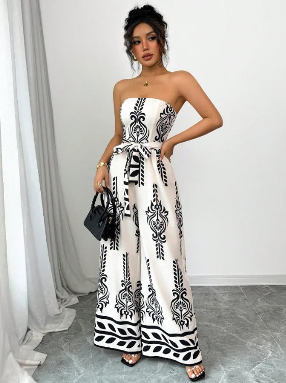 Printed Wide Leg Lace-Up Jumpsuit