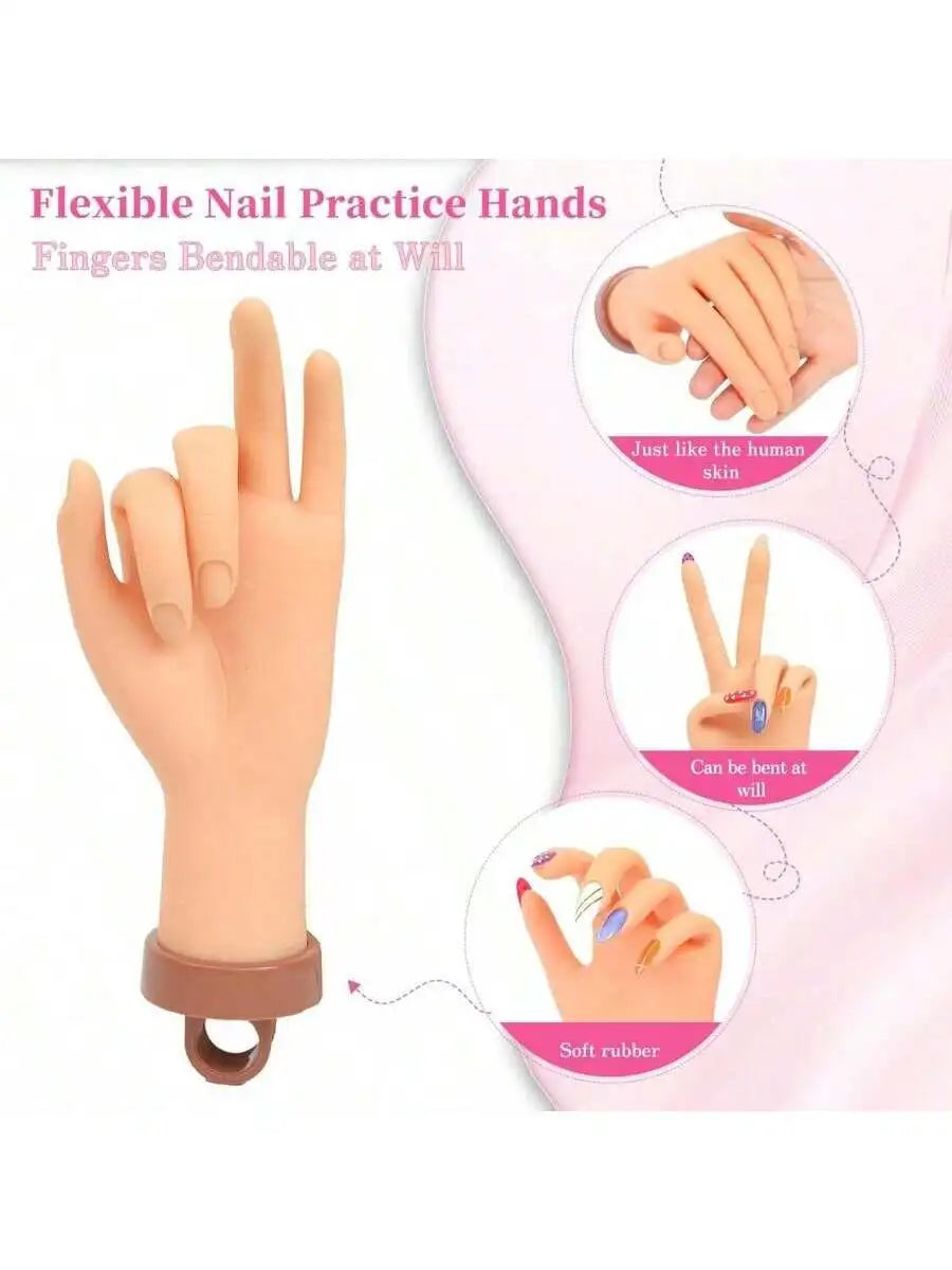 Nail art beginners practice fake hand models with insertable nail plates, bendable fingers, display racks, rubber hands