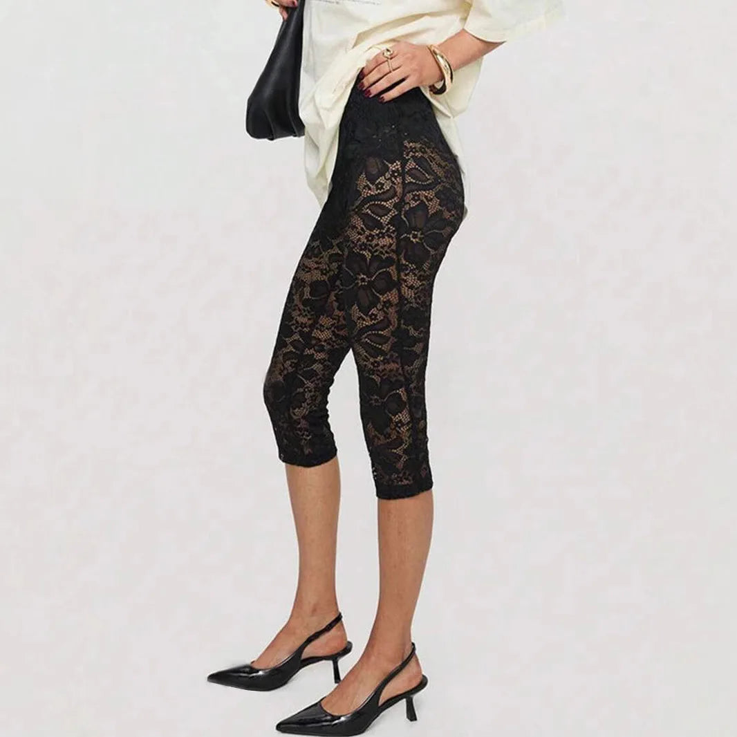 Women's Black Lace Leggings Seductive High-Waisted Sheer Cropped Leggings Lace-Up Base Layer Tights