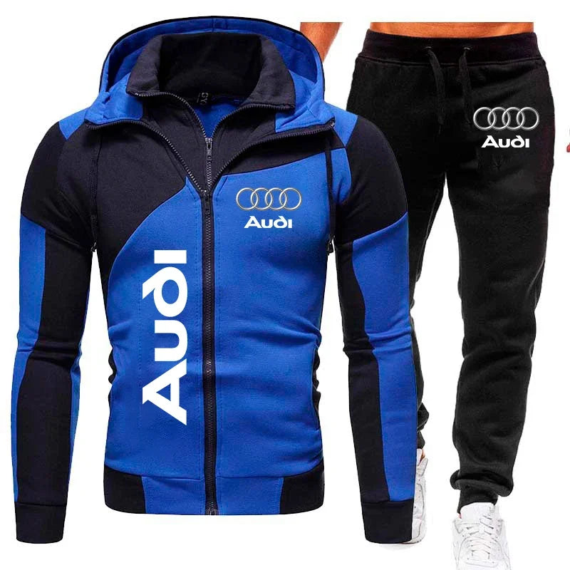 Tracksuit Audi Car Logo Print Sportswear 2 Pieces Sets Warm Fleece Clothing Hooded Sweatshirt+Pants Sport Suit Audi Men Clothing