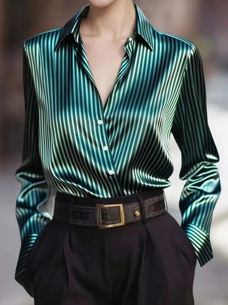 Lady Striped Shirt Fashion Long Sleeve Turn-down Collar Button Shirts Tops For Women Casual Office Holiday Spring Autumn Clothes
