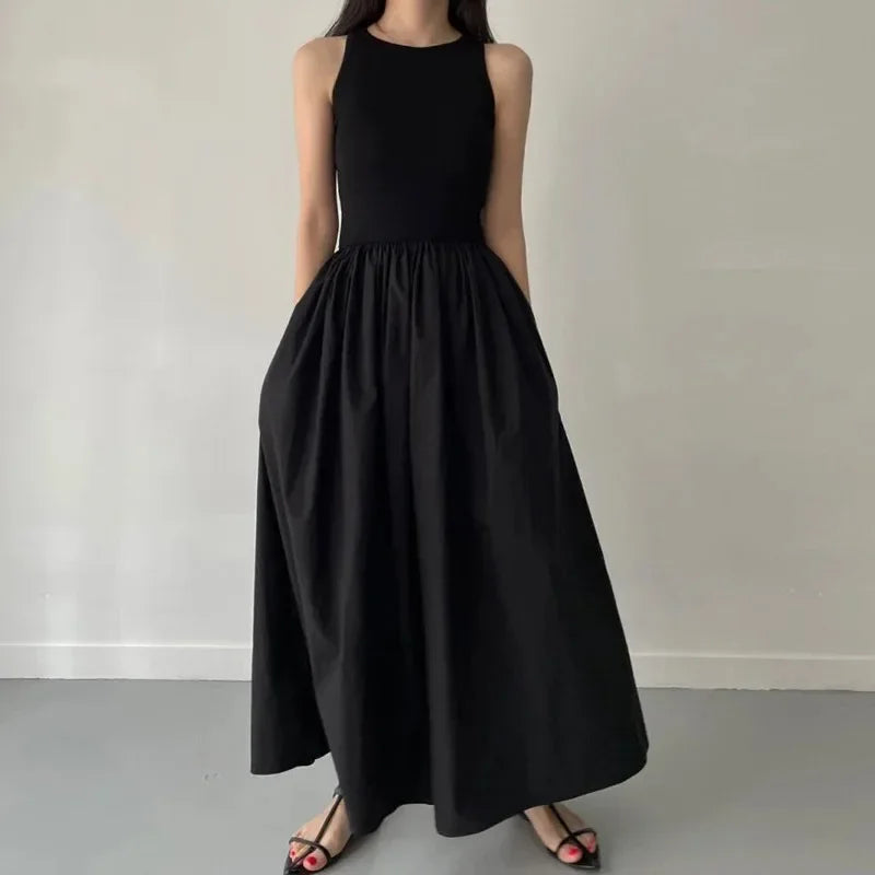 Female Fashion Style Dress New Summer Simple Elegant Black Long Dresses For Women Round Neck Sleeveless High Waist Temperament