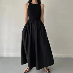 Female Fashion Style Dress New Summer Simple Elegant Black Long Dresses For Women Round Neck Sleeveless High Waist Temperament
