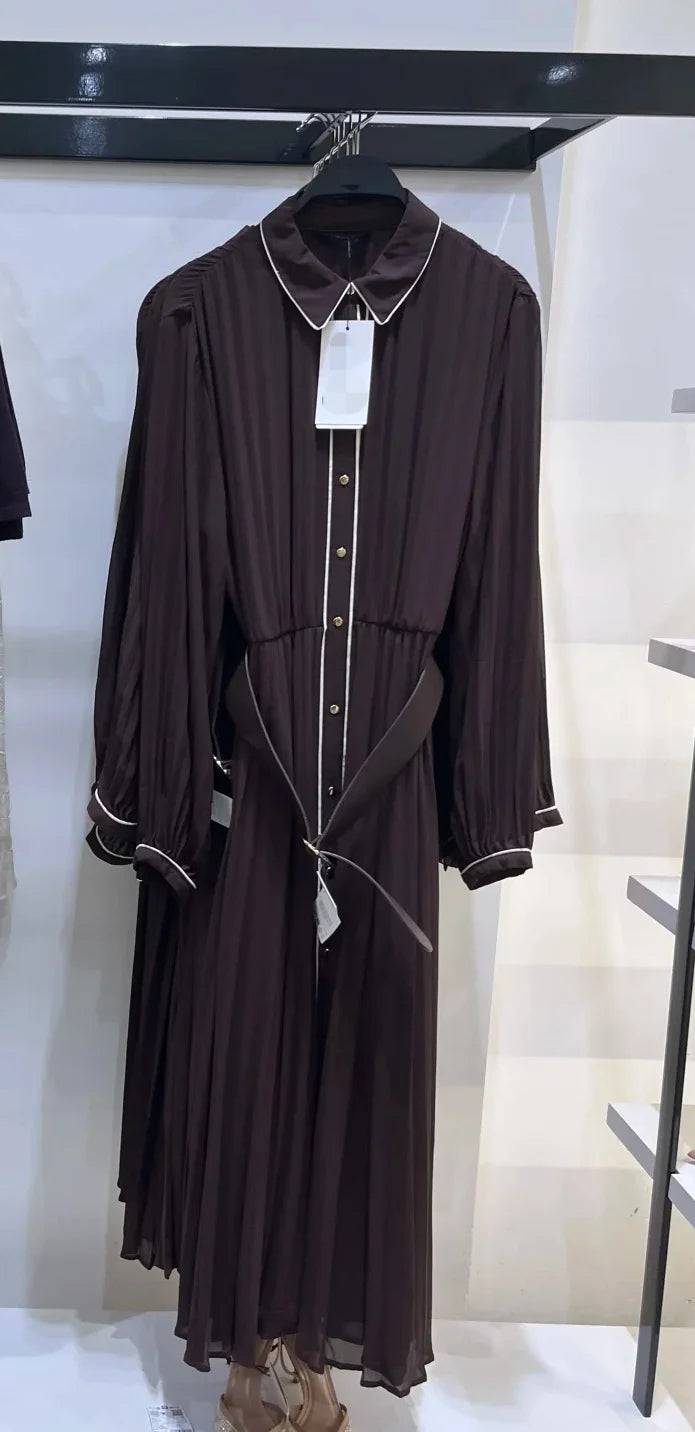 Elegant Pleated Belted Midi Dress