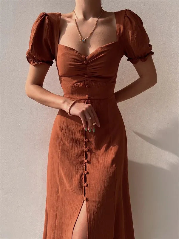 Elegant Dresses Women Summer Sexy Dress 2024 New V-Neck Single Breasted Short Puff Sleeves Solid High Waist Hem Split Midi Dress