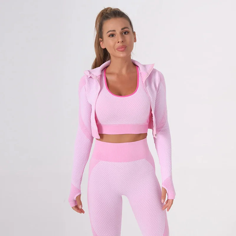 Summer Women's Yoga Sets Seamless Sports and Fitness Suit Tight Fast-drying Waist Closing Yoga Clothing Three-piece Set