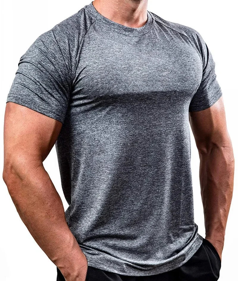 Summer Gym T-shirts Men's Solid Fitness Clothing O-neck Short Sleeve Tops Breathable Slim Bodybuilding Workout Muscle Tees Male