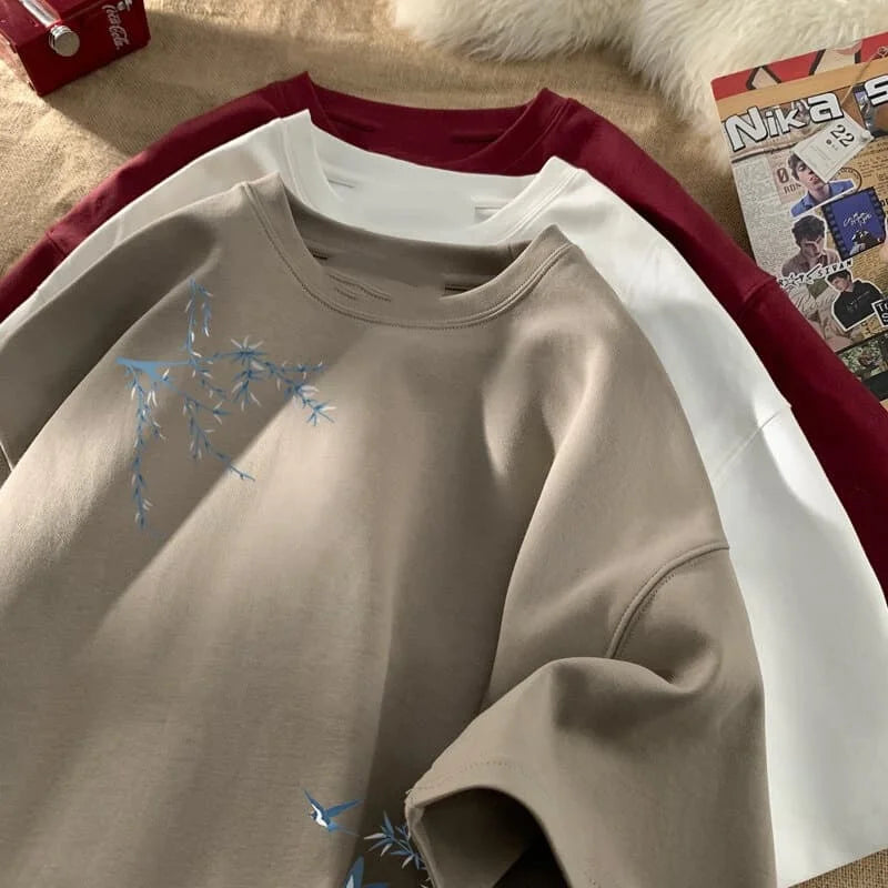 Men's Oversized T-shirts Fashion White Cotton T Shirt for Men Casual Summer Wear Bird Print Tee Shirts Men Clothing Lightweight
