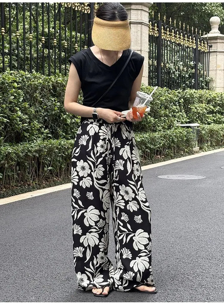 Wide-leg Pants for Women Summer Thin Printed New Style Drawstring Elastic Loose Straight Casual