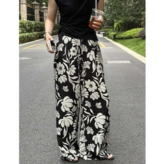 Wide-leg Pants for Women Summer Thin Printed New Style Drawstring Elastic Loose Straight Casual