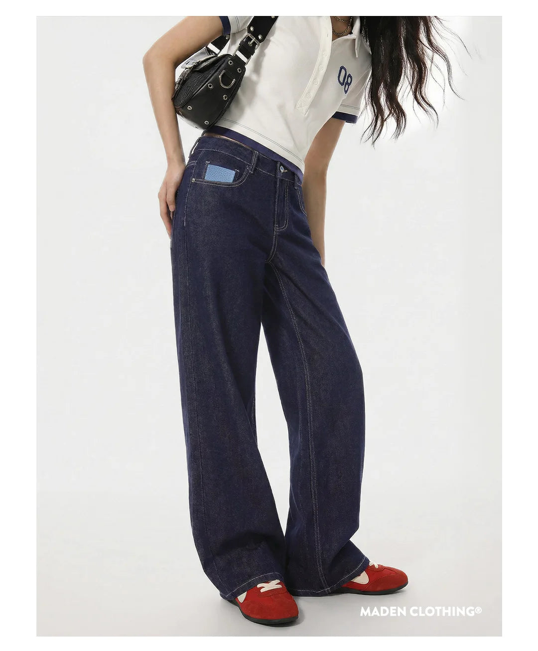 Maden Women's Vintage 12.4oz Washed Denim Jeans Straight Wide-Leg Casual Loose Fit Blue Trousers For Spring and Fall Streetwear