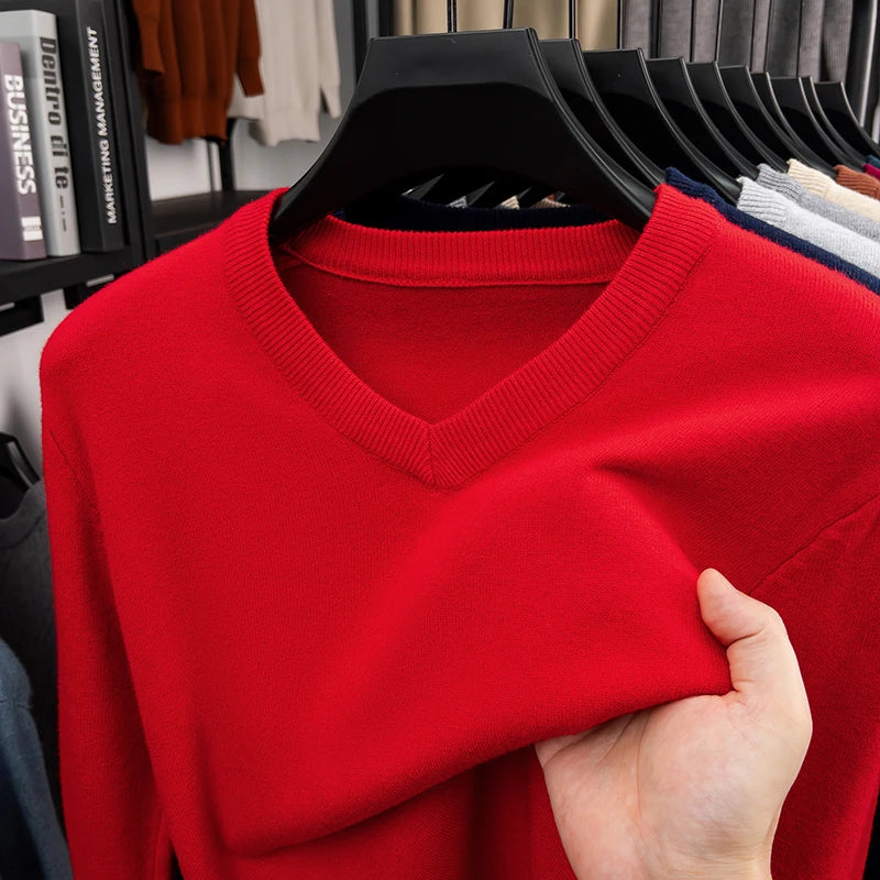 New Sweatwear Men's V Neck Basic Solid Color Sweaters Round Neck Elastic Pullovers Warm Autumn Knitted Oversized Sweater Men