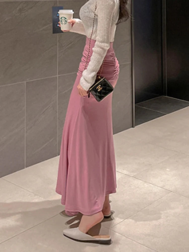 Shirred Satin High Waist Midi