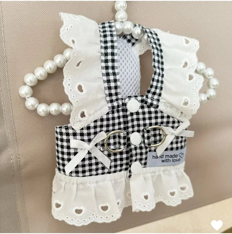 Pet Dog Clothes Lace Skirt Pastoral Style Black Plaid  Harness Puppy Dresses Universal Harness Tractionable Retro Princess Dress