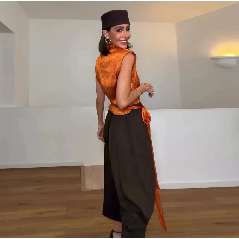 Women's Top 2026 Spring New Style Orange Sleeveless Satin Texture Long Ribbon Top Elegant and Stylish Unique Fashion Focus
