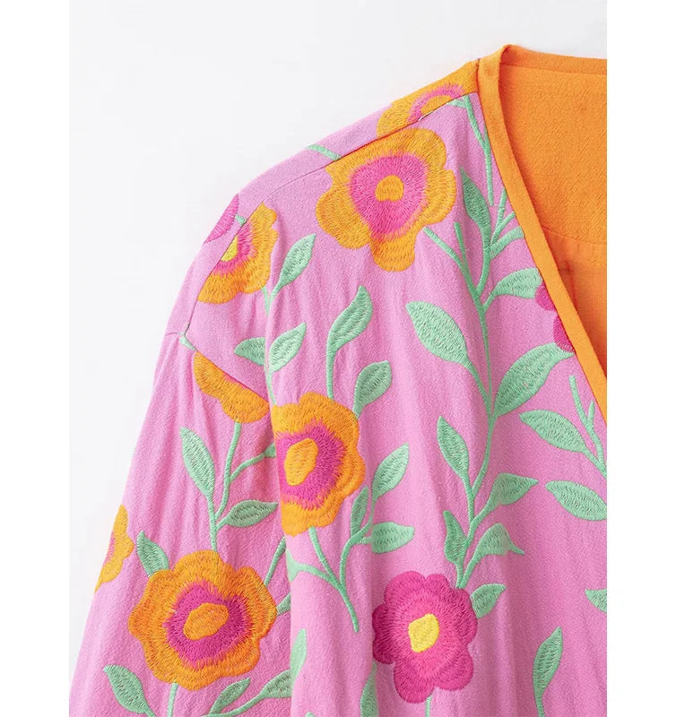Women's Flowers Embroidered Coats Autumn New V-neck Long Sleeve With Belt Jackets Fashion Casual Female Chic Outerwear