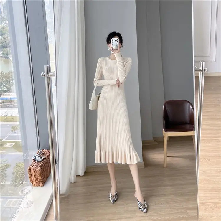 Elegant Knit Flounce Midi Dress
