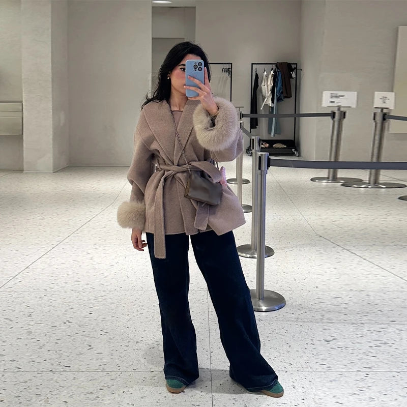 Elegant Women's Lace Up Woolen Coats Solid Full Sleeve Turn-down Collar Loose Lady Coats 2025 Autumn Winter Female Streetwear
