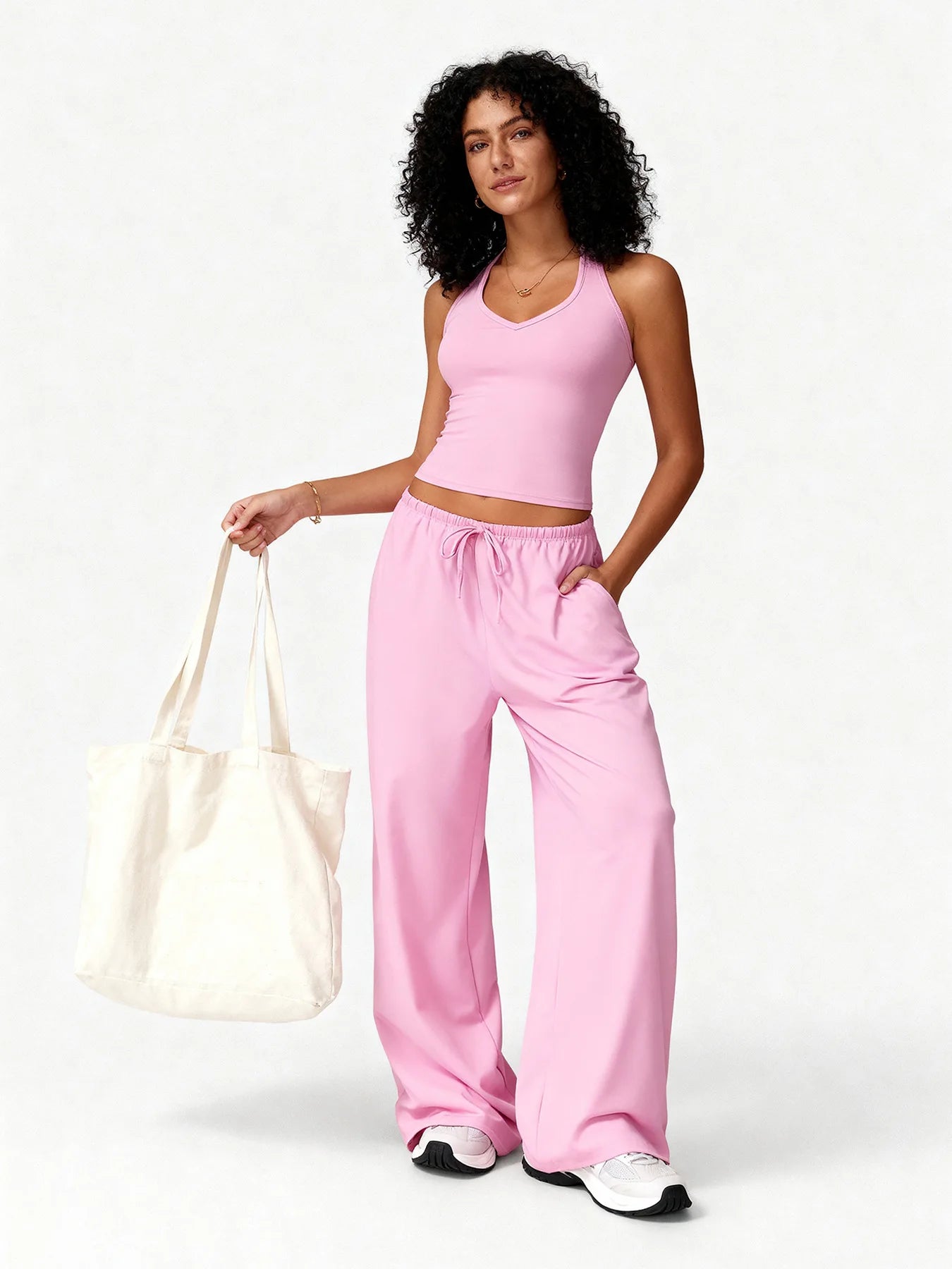 Women 2 Piece Yoga Outfit Ribbed Halter Crop Tank Top Drawstring Wide Leg Pants Set Casual Workout Gym Loungewear Tracksuit