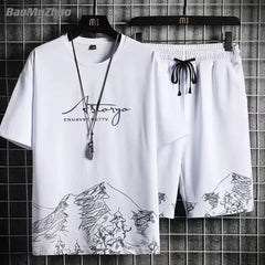 2023 Summer Men's Tracksuit 2 Piece Set Fashion Casual Solid Short-Sleeved T-Shirt and Shorts Sport Suit Breathable Man Clothing