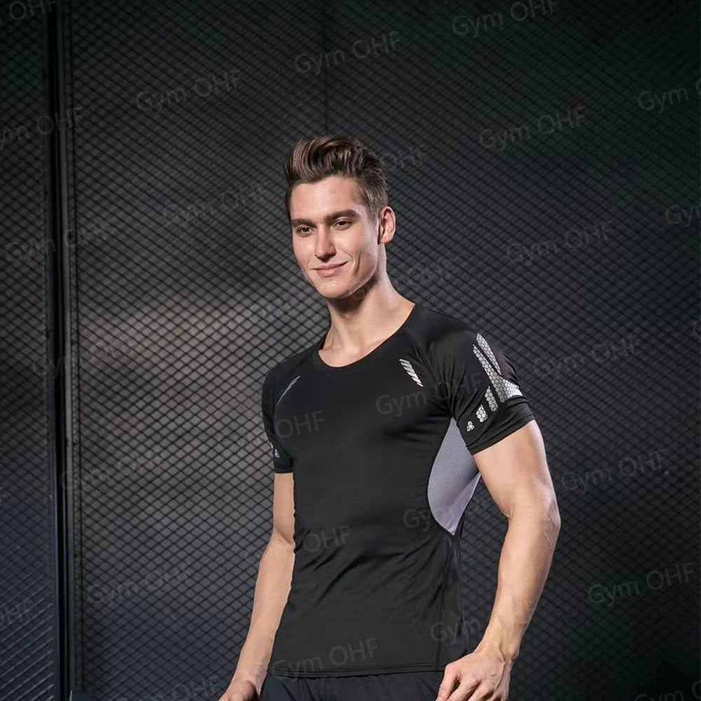 Gym Fitness T Shirt Men's Short Sleeve Summer Boxing Jersey Legging Men Rashguard Compression Pants Quick Dry Tight T-Shirts Men