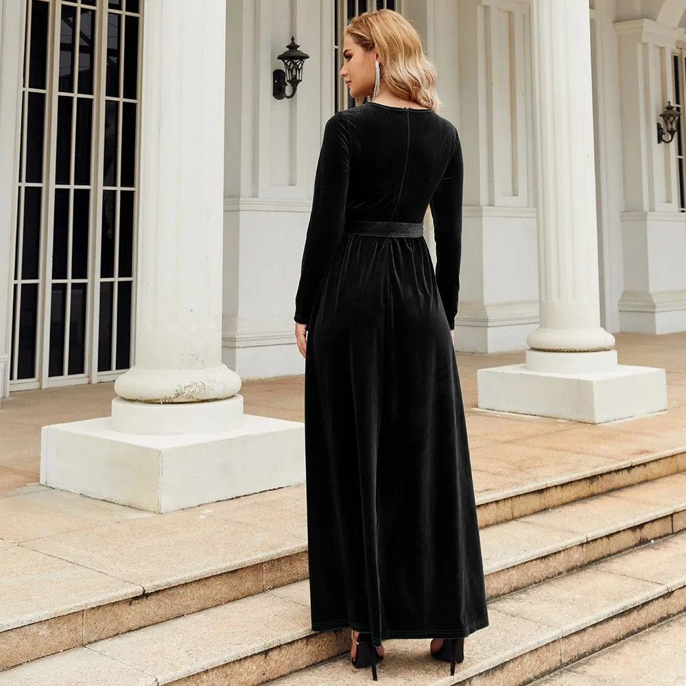Women's Elegant A-Line Velvet Dress for Wedding Guest Prom Party Wedding Party, Long Sleeve Round Neck Belted Full Skirt