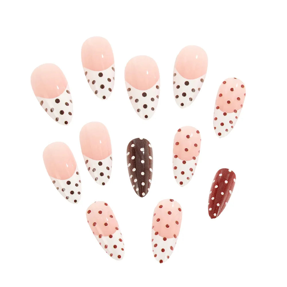 Medium long fake nails for women girls pink white black red blue brown polka dots design almond ballet tips press on false nail