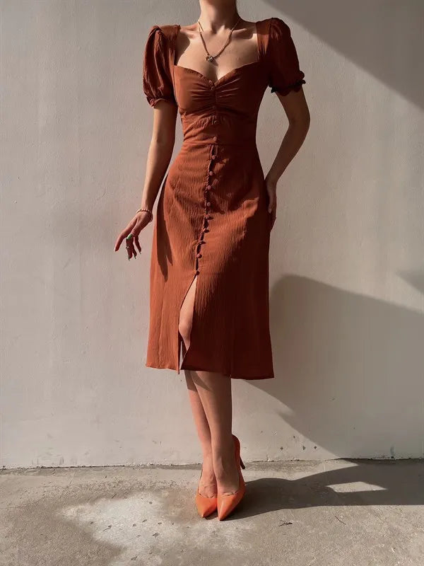 Elegant Dresses Women Summer Sexy Dress 2024 New V-Neck Single Breasted Short Puff Sleeves Solid High Waist Hem Split Midi Dress