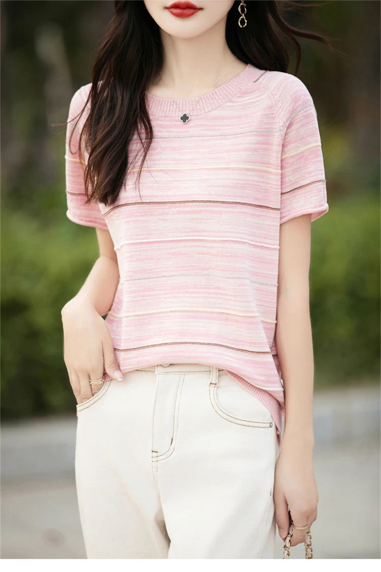Women's T-shirts Summer New 100% Cotton Short Sleeve Casual Striped Knit Blouse Round Neck Tops Loose Pullover Tees